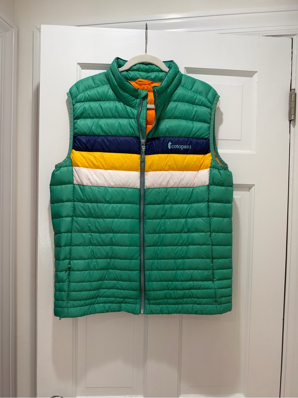Men’s Cotopaxi Green Quilted Down Vest with Colorblock Stripe